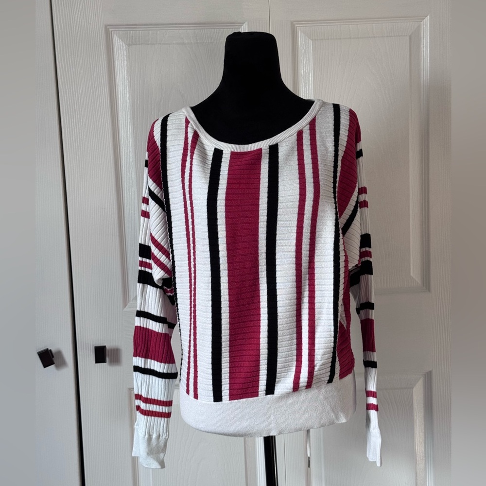 Express Women's Sweater - White, Black, and Pink Stripes